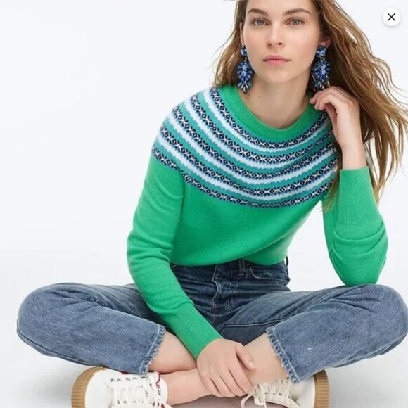 J. CREW WOMENS FAIR ISLE GREEN CASHMERE CREWNECK SWEATER - Picture 1 of 9